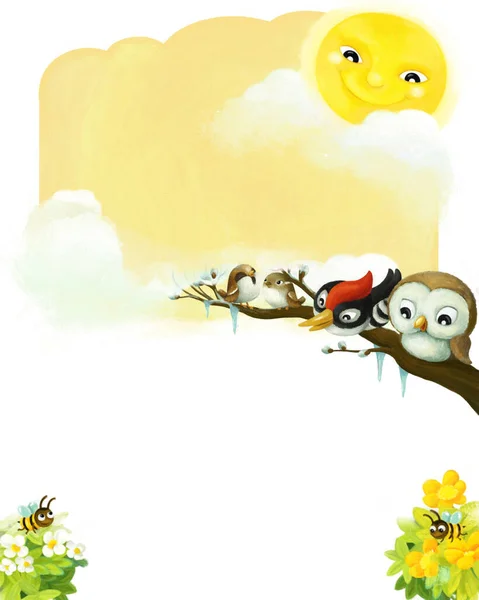 Dibujo Animado Marco Página Escena Verano Con Animales Pájaros Con — Foto de Stock