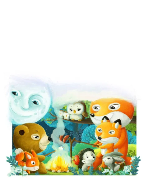 Cheerful Cartoon Scene Forest Animals Grilling Fire Night Illustration Children — Fotografia de Stock