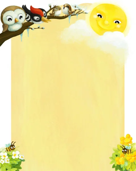 Kreskówka Strona Ramka Lato Scena Zwierzętami Ptaki Miejsca Tekst Ilustracja — Zdjęcie stockowe