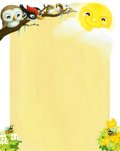 漫画のページフレーム子供のためのテキストイラストのためのスペースを持つ動物の鳥と夏のシーン — ストック写真