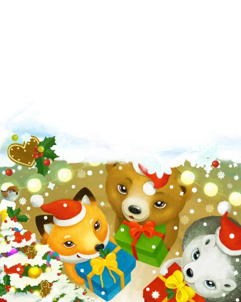 Cheerful Cartoon Christmas Scene Forest Animals Tree Presents Illustration Children — Stock fotografie