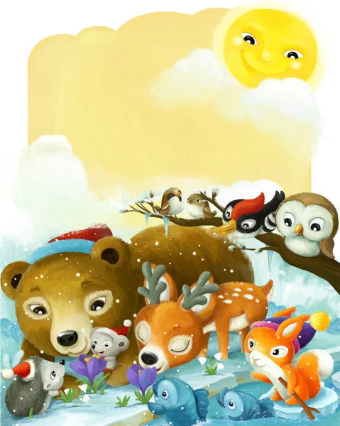 Cartoon Scene Forest Animal Friends Frozen Water Illustration Children — Stock Photo, Image