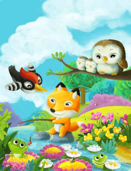 与不同的森林动物朋友在一起玩乐的卡通片场景 为孩子们展示捕鱼图解 — 图库照片
