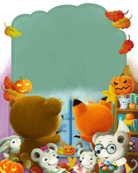 Kreslená Scéna Šťastnými Zvířaty Školce Halloween Dýňovou Ilustrací Pro Děti — Stock fotografie
