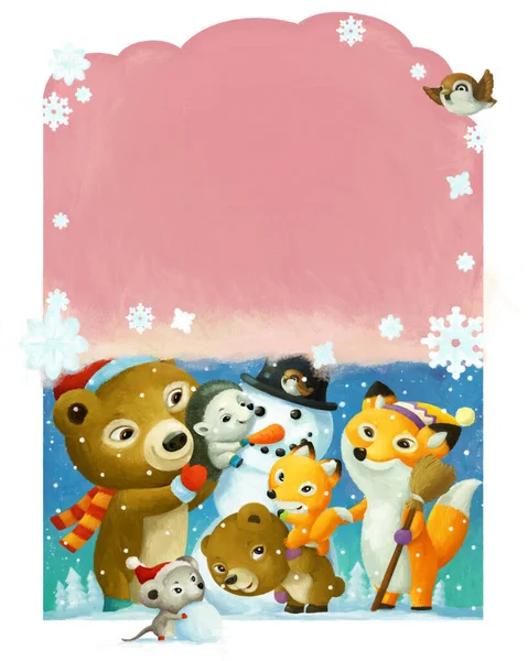 Cartoon Scene Met Bos Dieren Vrienden Maken Sneeuwpop Illustratie Voor — Stockfoto