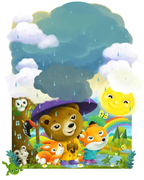 cartoon scene with forest animals friends walking in the rain in the forest illustration for children