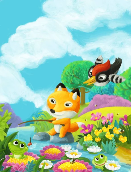 cartoon scene with different forest animals friends having fun together fishing illustration for children