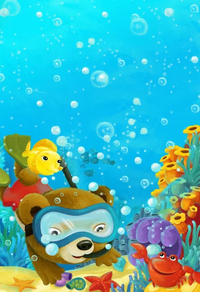cartoon ocean scene with coral reef and forest animals diving - illustration for children
