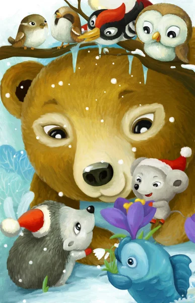 Çocuklar Için Orman Illüstrasyonunda Noel Hayvanlarıyla Ilgili Karikatür Sahnesi — Stok fotoğraf
