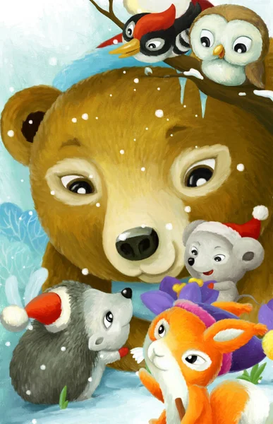 Cartoon Scene Met Kerst Dier Vrienden Het Bos Illustratie Voor — Stockfoto