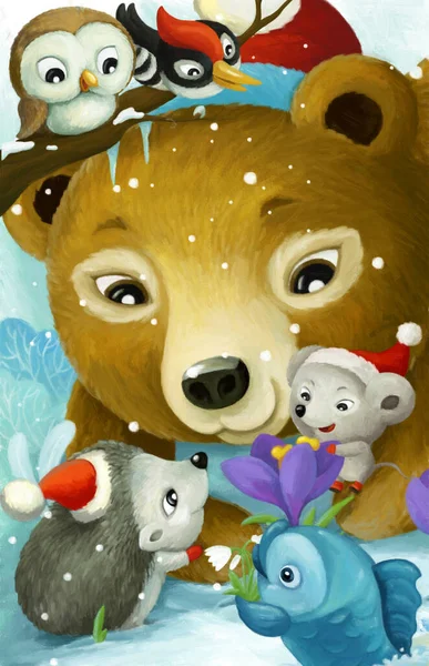 Escena Dibujos Animados Con Amigos Animales Navidad Bosque Ilustración Para — Foto de Stock