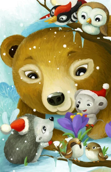 Cartoon Scene Met Kerst Dier Vrienden Het Bos Illustratie Voor — Stockfoto