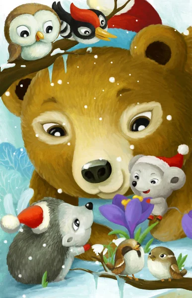 Scena Dei Cartoni Animati Con Gli Amici Animali Natale Nella — Foto Stock