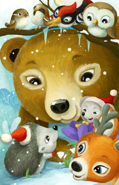 Kreskówka Scena Boże Narodzenie Zwierząt Przyjaciół Lesie Ilustracja Dla Dzieci — Zdjęcie stockowe