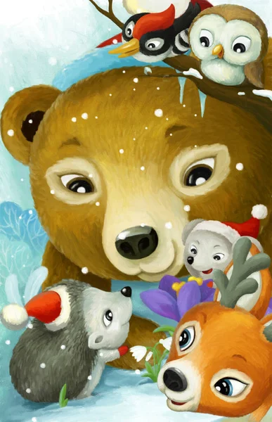 Tecknad Scen Med Jul Djur Vänner Skogen Illustration För Barn — Stockfoto
