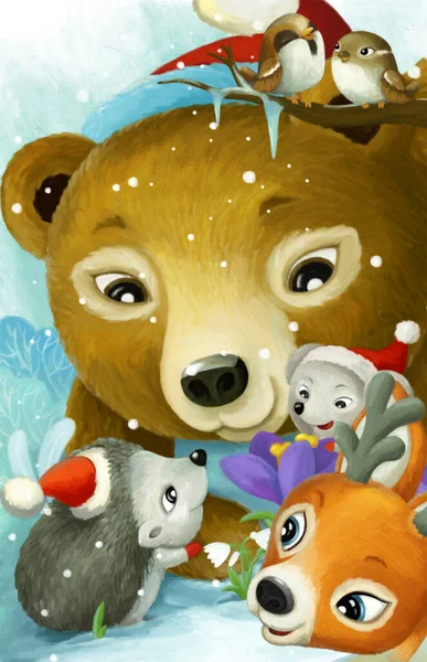 Мультяшна Сцена Різдвяними Друзями Тварин Лісі Ілюстрація Дітей — стокове фото