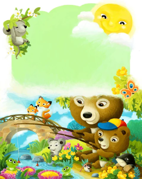 Kreskówka Zabawa Scena Zwierzęta Przyjaciele Rodzina Las Ilustracja Dla Dzieci — Zdjęcie stockowe