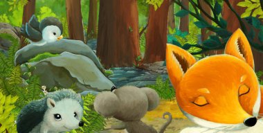 Ormanda dost canlısı bir hayvanın olduğu çizgi film sahnesi - çocuklar için illüstrasyon