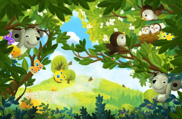 Joyeux Dessin Animé Scène Forêt Animal Souris Illustration Pour Enfants — Photo
