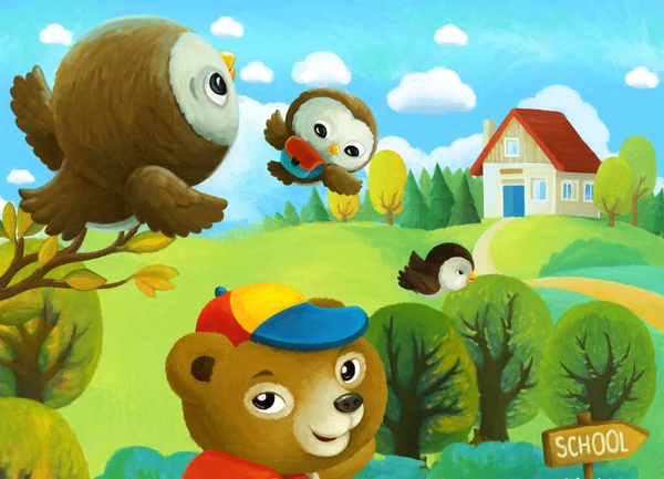 Fröhliche Zeichentrickszene Waldtiere Kinder Gehen Dorfschule Illustration Für Kinder — Stockfoto