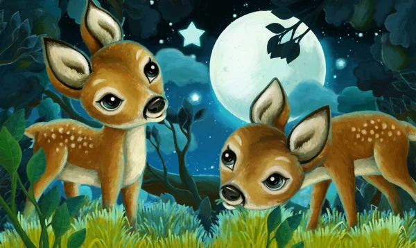 夜のイラストで森の中の動物が違う漫画シーン — ストック写真