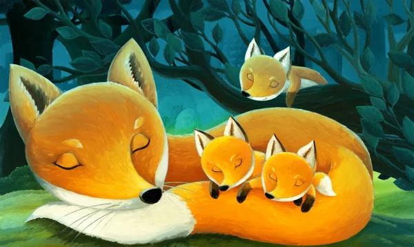 Rajzfilm Jelenet Különböző Állatok Erdőben Éjjel Illusztráció — Stock Fotó