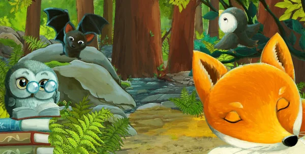 Scène Dessin Animé Avec Animal Amical Dans Forêt Illustration Pour — Photo