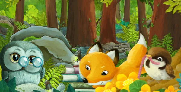 Tecknad Scen Med Vänliga Djur Skogen Illustration För Barn — Stockfoto