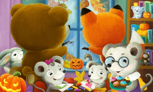 Scena Kreskówek Szczęśliwymi Zwierzętami Domu Lub Przedszkolu Halloween Dyni Ilustracja — Zdjęcie stockowe