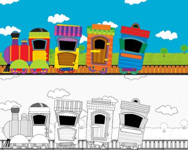 komik görünüşlü buharlı tren çayırdan geçiyor sahnede kimse yok - çocuklar için çizim
