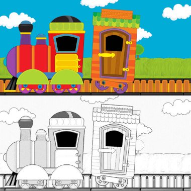 Çizgi film komik görünümlü buhar treni çayırdan geçiyor - çocuklar için çizim