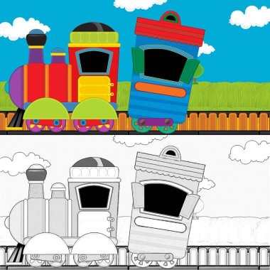 Çizgi film komik görünümlü buhar treni çayırdan geçiyor - çocuklar için çizim