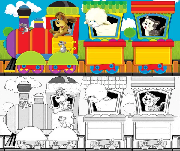 Kreslený Legrační Parní Vlak Projíždějící Loukou Farmářskými Zvířaty Ilustrace Pro — Stock fotografie