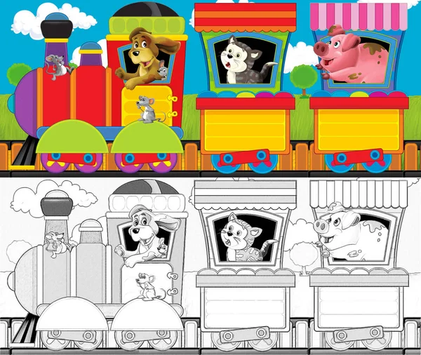 農場の動物と牧草地を通って行く漫画の面白い蒸気機関車 子供のためのイラスト — ストック写真