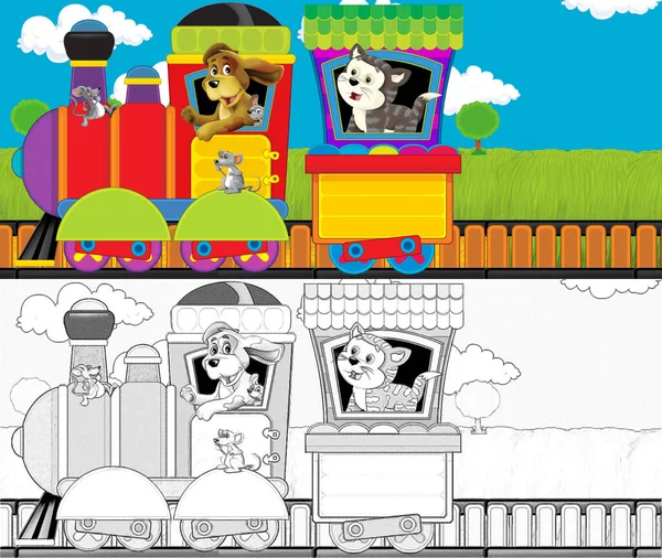 Komik Görünüşlü Buhar Treni Çayırlarda Çiftlik Hayvanlarıyla Geziyor Çocuklar Için — Stok fotoğraf