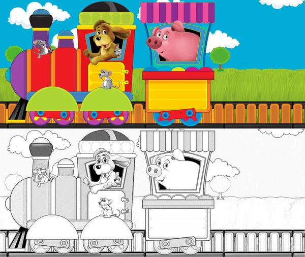 Cartoon Funny Looking Steam Train Going Meadow Farm Animals Illustration — Stock Photo, Image