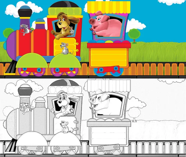 Desenhos Animados Engraçado Olhando Trem Vapor Passando Pelo Prado Com — Fotografia de Stock