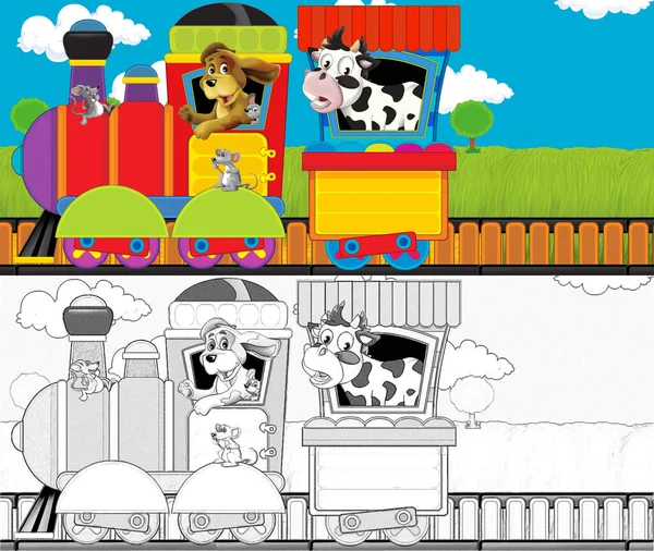 재미있어 보이는 기관차가 가축을 데리고 목초지를 지나가는 아이들을 — 스톡 사진