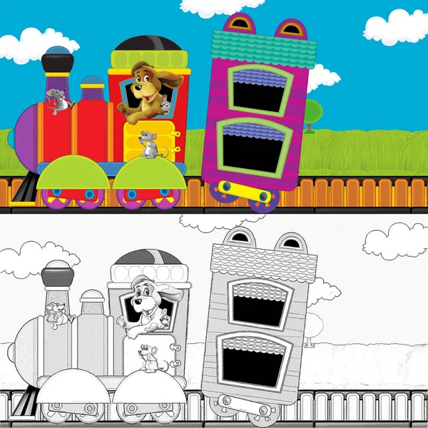 農場の動物と牧草地を通って行く漫画の面白い蒸気機関車 子供のためのイラスト — ストック写真