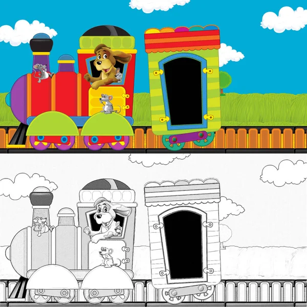 Cartone Animato Divertente Cercando Treno Vapore Che Attraversa Prato Con — Foto Stock