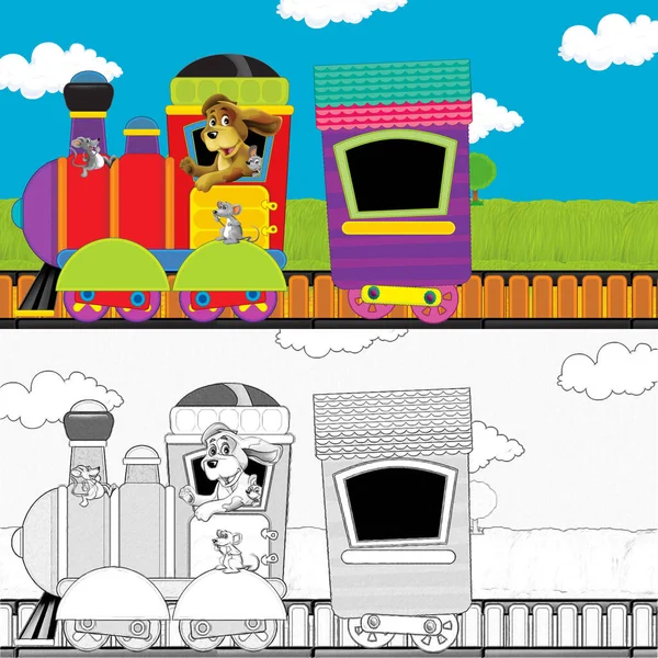 Tren Vapor Aspecto Divertido Dibujos Animados Que Atraviesa Prado Con — Foto de Stock