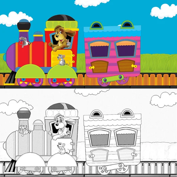 卡通形象滑稽的蒸汽火车与农场动物在草地上穿行 儿童图解 — 图库照片