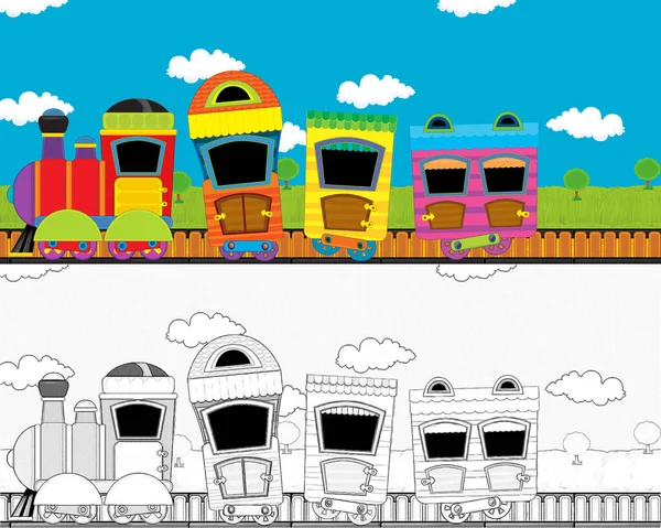 卡通画滑稽的蒸汽火车在草地上穿行 舞台上一个人也没有 孩子们的例证 — 图库照片