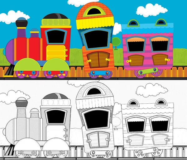 Cartoon Funny Looking Steam Train Going Meadow Illustration Children — Stock Photo, Image