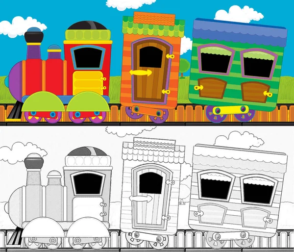 Cartoon Lustig Aussehende Dampfeisenbahn Fährt Durch Die Wiese Illustration Für — Stockfoto