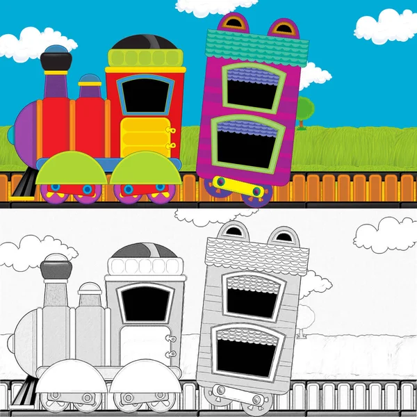 牧草地を通って行く漫画面白い蒸気機関車 子供のためのイラスト — ストック写真