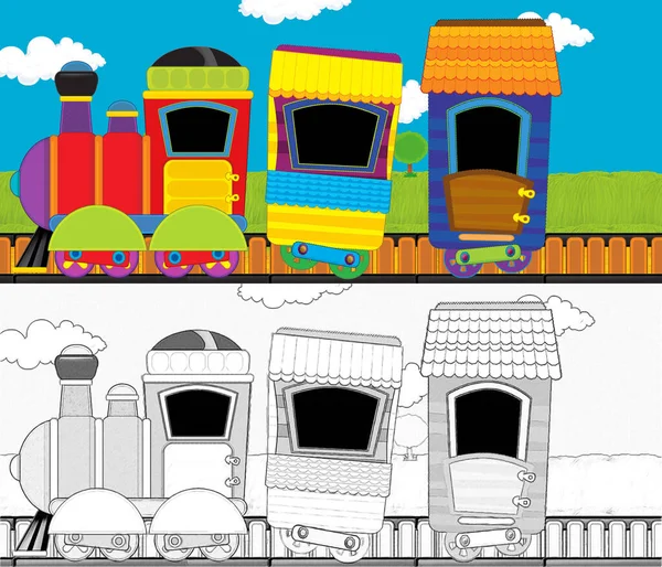 Çizgi film komik görünümlü buhar treni çayırdan geçiyor - çocuklar için çizim