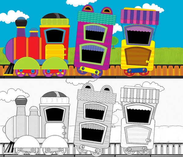 Cartoon Lustig Aussehende Dampfeisenbahn Fährt Durch Die Wiese Illustration Für — Stockfoto