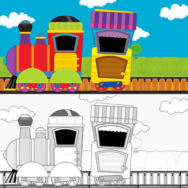 Мультфільм Смішний Вигляд Парового Поїзда Проходить Через Луг Ілюстрація Дітей — стокове фото