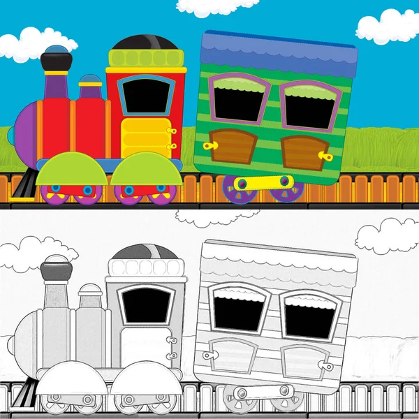 牧草地を通って行く漫画面白い蒸気機関車 子供のためのイラスト — ストック写真